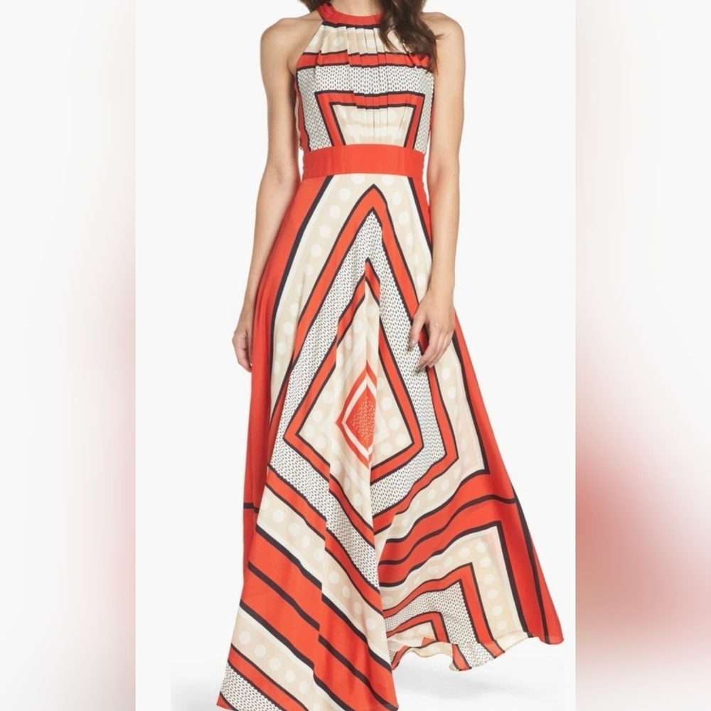 Eliza J Scarf DOT Geometric Print Maxi Dress, Halter tie-in-back, Fit & Flare, 2